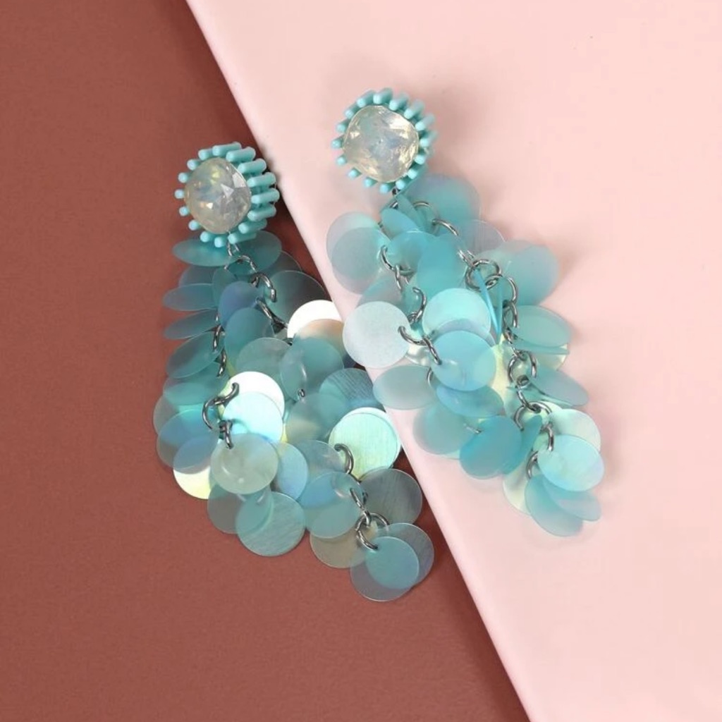 Awesome Clear Iridescent Sequin Dangle Tassel Rhinestone Stud Earrings 30$